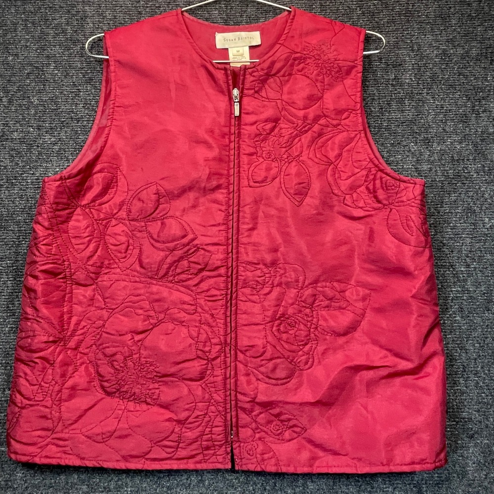 Susan Bristol Lightweight Winter Vest M Red Floral Embroidered Zip Up VTG Layer